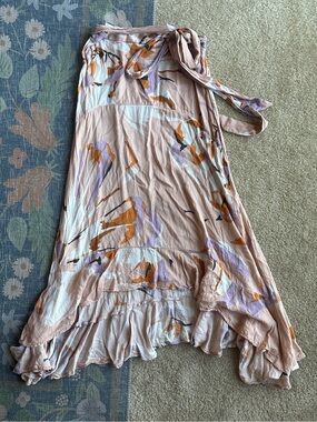 O'Neill Blush Pink Abstract Pattern Midi Skirt Asymmetrical Hem